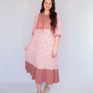 Floral Flowy Pink Tie Neck Midi